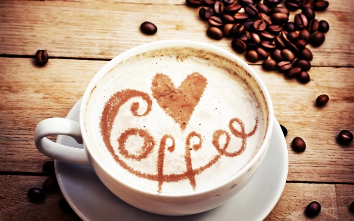 カプチーノコーヒー、愛の心、コーヒー豆 壁紙 ピクチャー