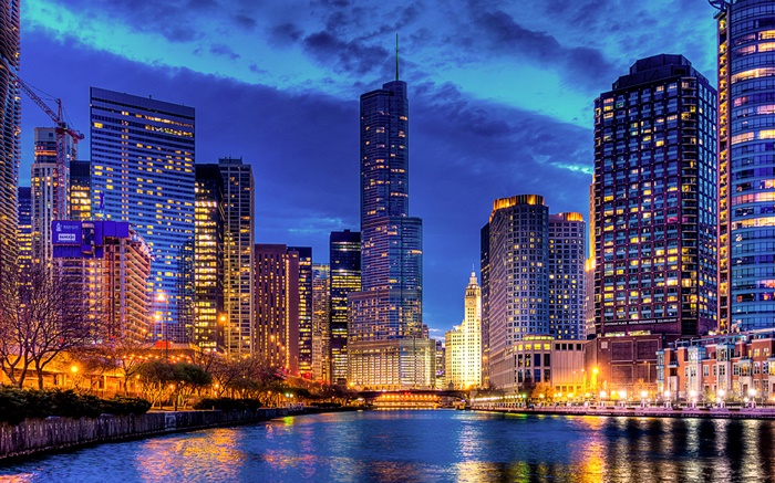 シカゴ、イリノイ州、アメリカ、超高層ビル、川、ライト、夜 壁紙 ピクチャー