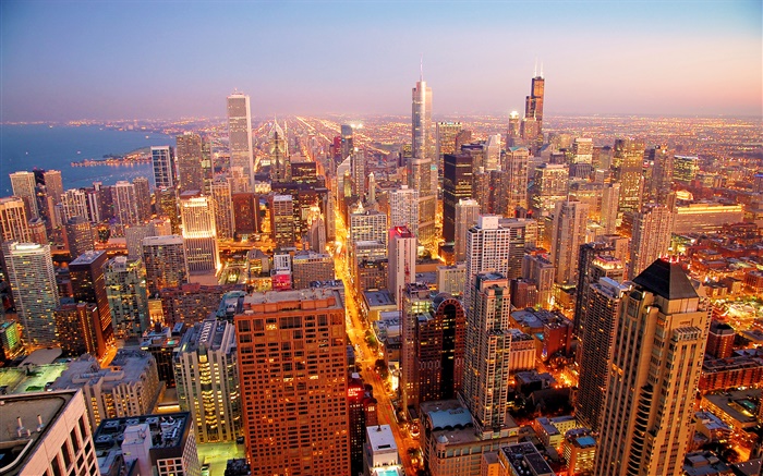 シカゴ市、アメリカ、夜明け、高層ビル 壁紙 ピクチャー