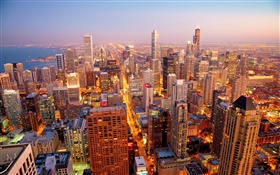 シカゴ市、アメリカ、夜明け、高層ビル HDの壁紙