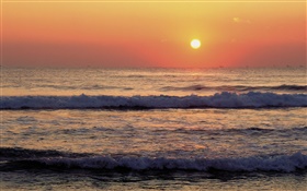 海岸、海、波、日没 HDの壁紙