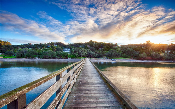 コーンウォリスワーフ、木製の橋、夕日、マヌカウ湾、ニュージーランド 壁紙 ピクチャー