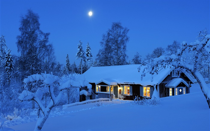 カントリーハウス、夜、冬、雪、月、ダーラナ、スウェーデン 壁紙 ピクチャー
