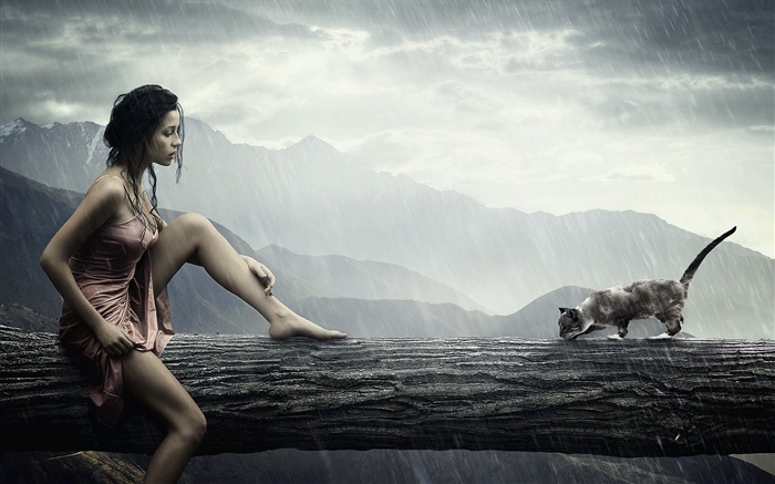 クリエイティブ写真、雨の中の女の子は、猫は何かを探して 壁紙 ピクチャー