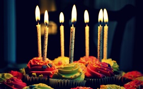 カップケーキ、クリーム、誕生日、キャンドル、火