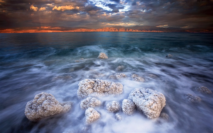 死海、塩、雲、夕暮れ 壁紙 ピクチャー