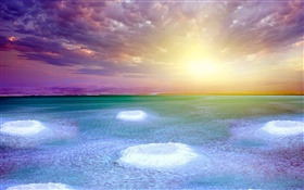 デッド海、夕日、塩、雲 HDの壁紙