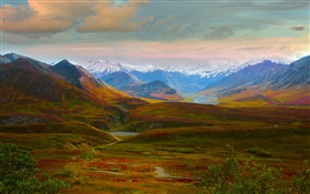 デナリ国立公園、アラスカ、アメリカ、美しい風景、丘、川 HDの壁紙