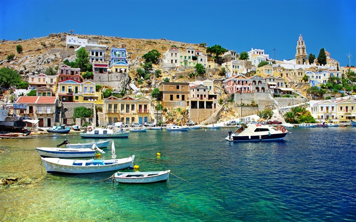 ギリシャ、住宅、海岸、海、船 壁紙 ピクチャー