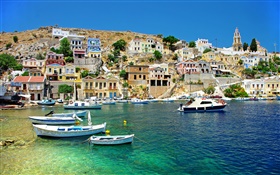 ギリシャ、住宅、海岸、海、船 HDの壁紙
