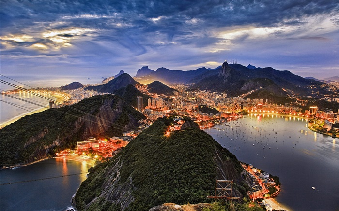 グアナバラ湾、市、海岸、夜、ライト、リオデジャネイロ、ブラジル 壁紙 ピクチャー