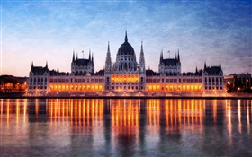 ハンガリー、ブダペスト、議会ビル、夜、ライト、ドナウ川、反射