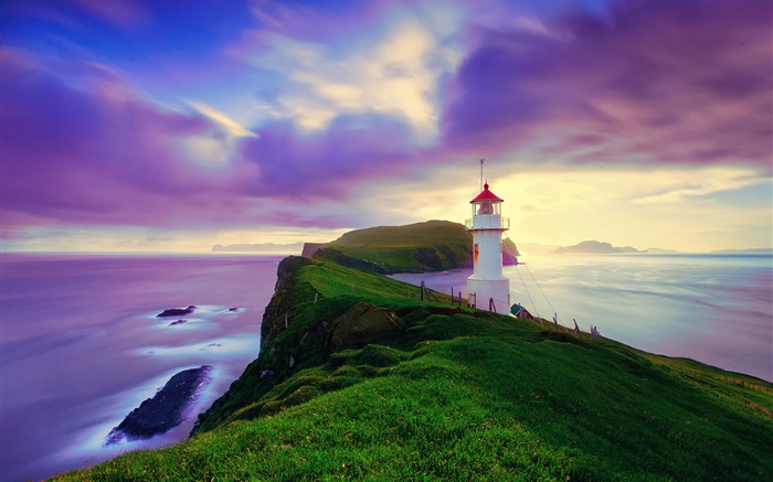 アイスランド、フェロー諸島、灯台、海岸、夕暮れ、紫色の空 壁紙 ピクチャー