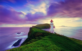 アイスランド、フェロー諸島、灯台、海岸、夕暮れ、紫色の空 HDの壁紙