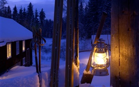 点灯ランタン、門柱、スウェーデン、夜 HDの壁紙