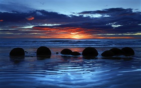 モエラキボルダー、Koekoheビーチ、海、夕日、南の島、ニュージーランド
