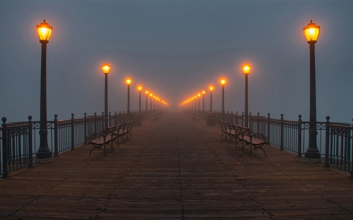 夜、橋、桟橋、ライト、霧 壁紙 ピクチャー