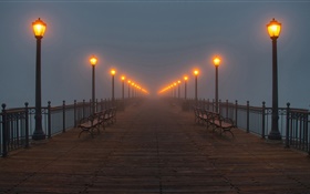 夜、橋、桟橋、ライト、霧