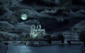 ノートルダム、フランス、夜、川、ムーン HDの壁紙