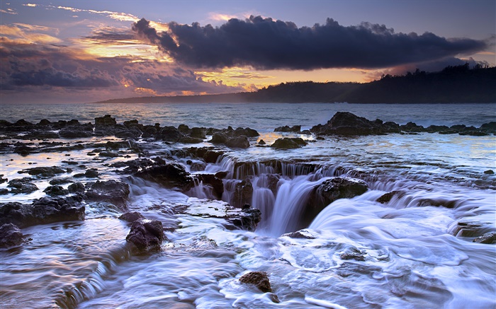 オーシャンは、逆流、日没、カウアイ島、ハワイ、アメリカ 壁紙 ピクチャー