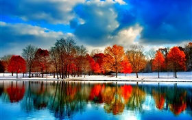 川、木、秋、雲、雪、青空 HDの壁紙
