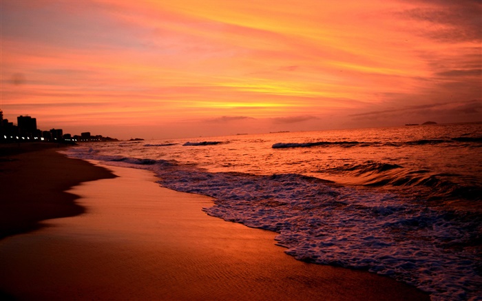 サンセット、海、夕暮れ、波、赤い空 壁紙 ピクチャー