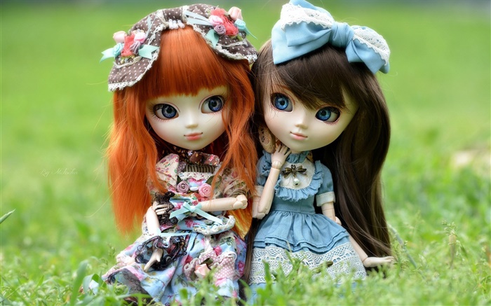 二つのおもちゃ女の子、赤と黒の髪、人形 壁紙 ピクチャー