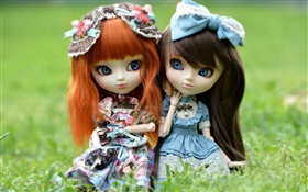 二つのおもちゃ女の子、赤と黒の髪、人形 HDの壁紙