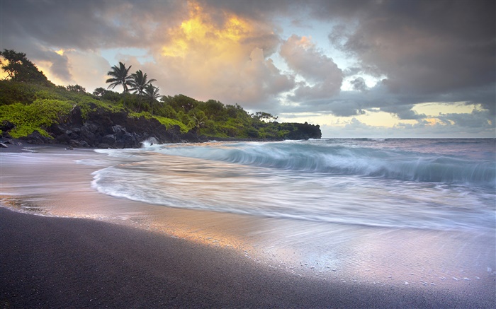 波、ハワイの黒い砂のビーチをクラッシュ 壁紙 ピクチャー