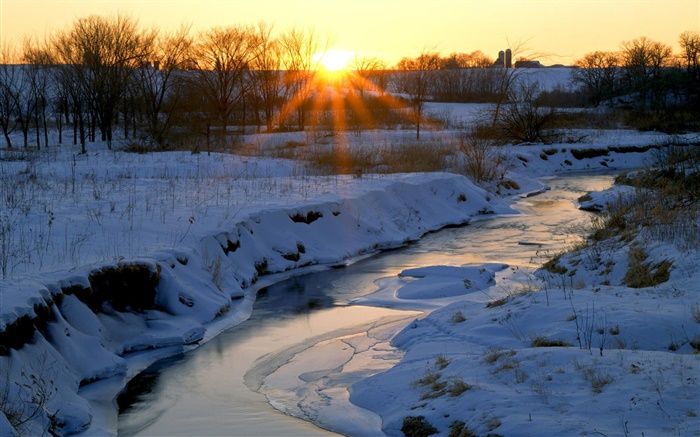 冬、川、雪、木、夜明け、日の出 壁紙 ピクチャー