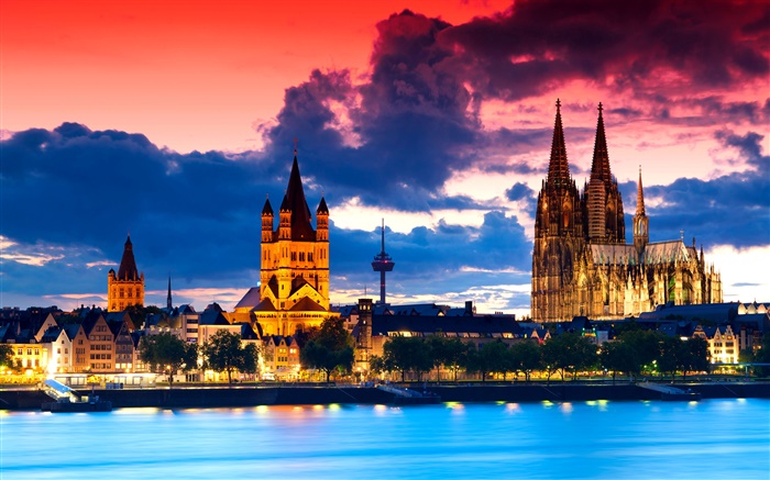 ケルン、ドイツ、大聖堂、都市、夜、川、雲 壁紙 ピクチャー