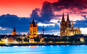 ケルン、ドイツ、大聖堂、都市、夜、川、雲 HDの壁紙