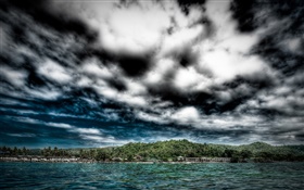 ダークブルー雲、家、海、海岸 HDの壁紙