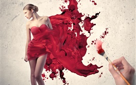 女の子の赤いドレス、創造的な絵を描きます