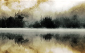 森、湖、霧、夜明け、水反射