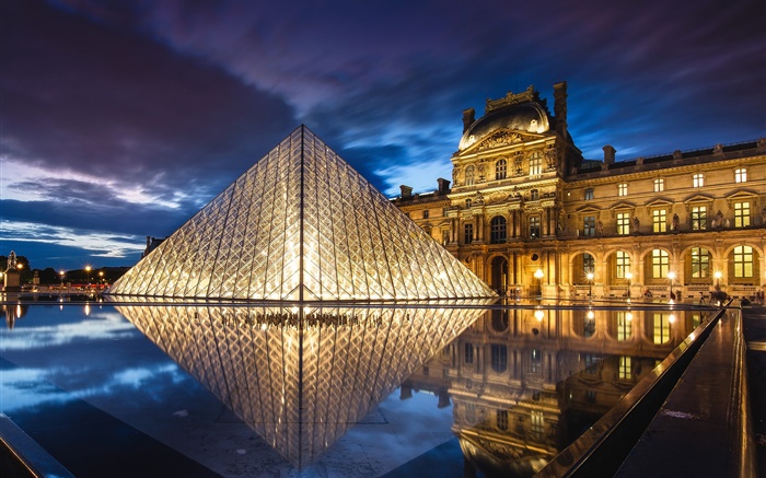 フランス、パリ、ルーヴル美術館、ピラミッド、夜、水、ライト 壁紙 ピクチャー