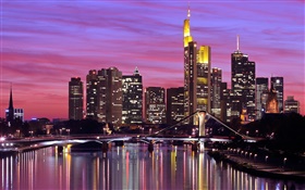 フランクフルト、ドイツ、市、川、橋、ライト、高層ビル HDの壁紙