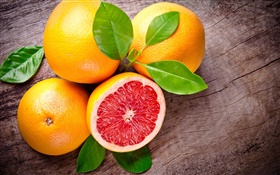 グレープフルーツ、果物、葉、赤、オレンジ HDの壁紙