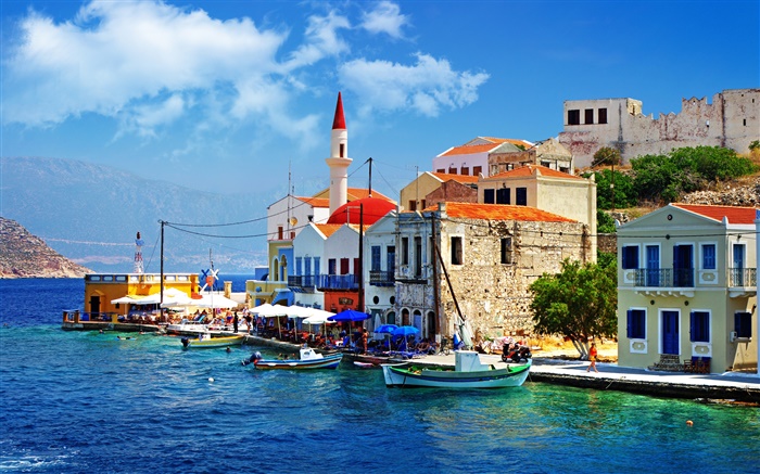 ギリシャ、町、桟橋、ボート、家 壁紙 ピクチャー