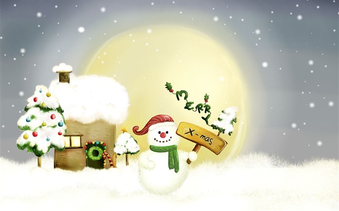 メリークリスマス、雪だるま、ツリー、ムーン、家、雪 壁紙 ピクチャー