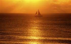 朝、霧、海、船、太陽の光