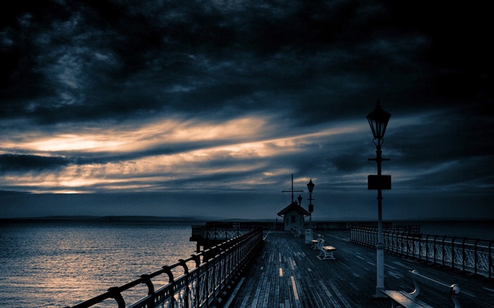 桟橋、海、夕暮れ、曇り空 壁紙 ピクチャー