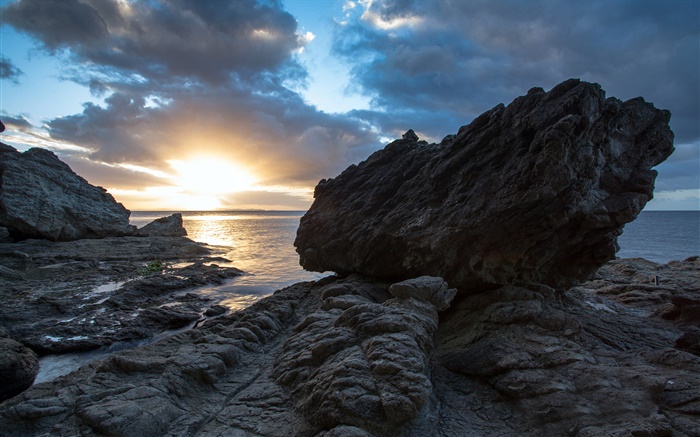 岩、海、夕日、コロマンデル、ニュージーランド 壁紙 ピクチャー