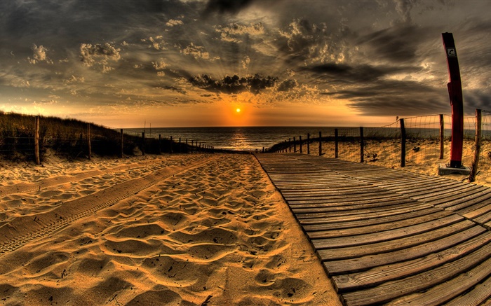砂、ビーチ、桟橋、夕日、雲 壁紙 ピクチャー