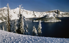 雪、火山湖、木 HDの壁紙