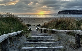 日の出、階段、海岸、サウスショア、クライストチャーチ、ニュージーランド HDの壁紙