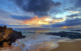 サンセット、海、海岸、シークレットビーチ、マウイ島、ハワイ、アメリカ HDの壁紙