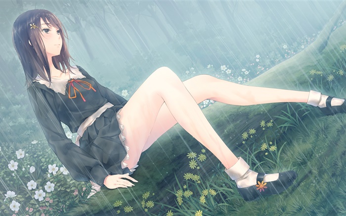 アニメの女の子、花、雨 壁紙 ピクチャー