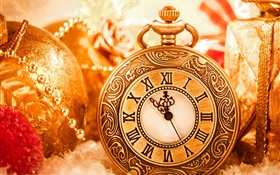 クリスマスの装飾、時計、ボール、新年 HDの壁紙