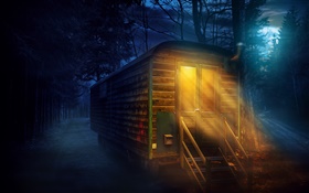 森、夜、満月、木造住宅、ライト HDの壁紙